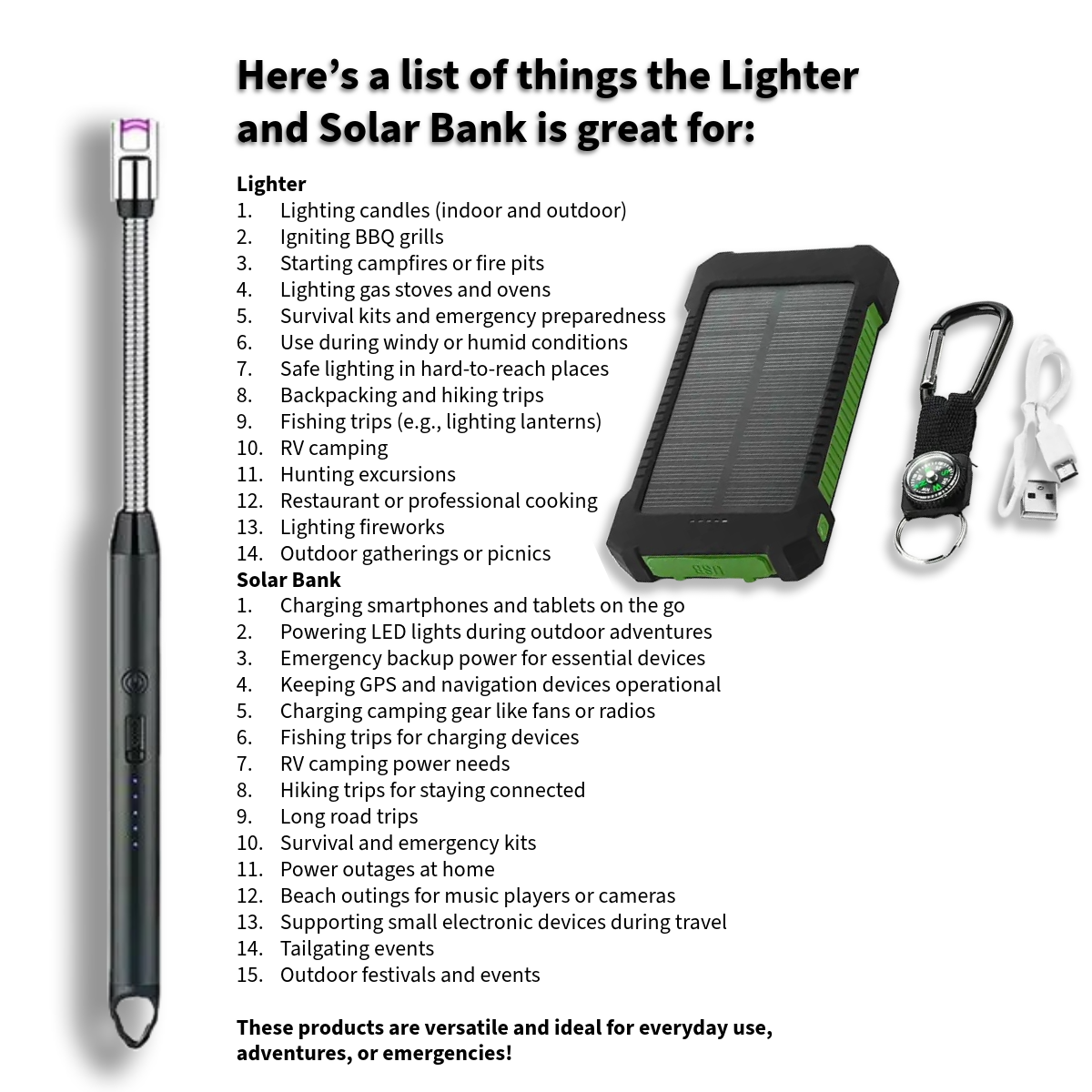 Solar-Powered Survival Bundle: Windproof Arc Lighter & USB Power Bank